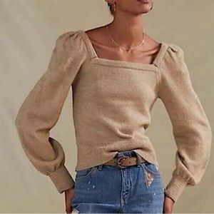 Anthropologie Balloon Puff Sleeve Square Neck Sweater in Oatmeal
